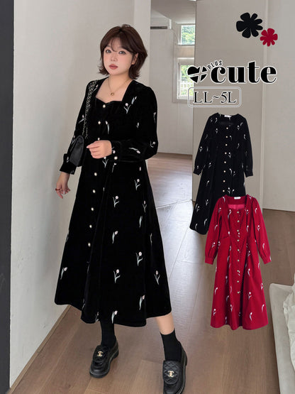 大きいサイズ レディース フレンチスクエアネックチューリップ刺繍ベルベットワンピース LL 3L 4L 5L