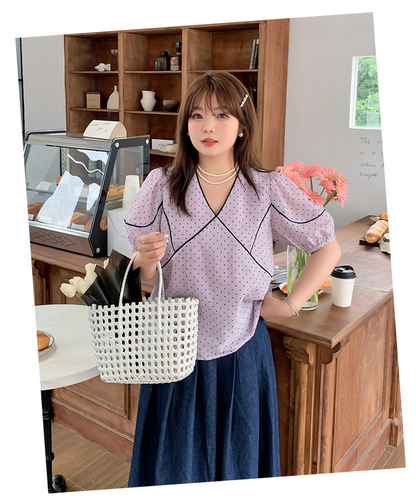 大きいサイズ レディース フレンチVネック水玉模様シースルートップス LL 3L 4L 5L