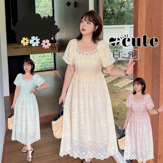 大きいサイズ レディース 貝殻型飾り付きスクエアネック花柄刺繍レースワンピース LL 3L 4L 5L