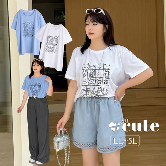 大きいサイズ レディース カジュアルイラストプリントコットン半袖Tシャツ LL 3L 4L 5L