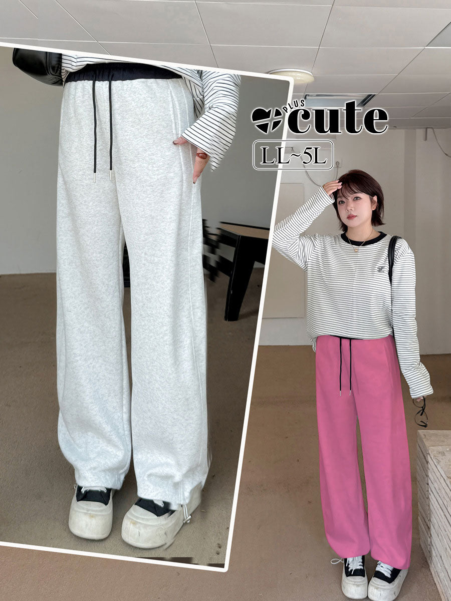 大きいサイズ レディース ニットコントラストウエストバンドストレートカジュアルパンツ LL 3L 4L 5L