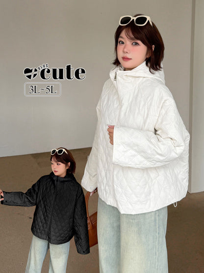 大きいサイズ レディース 軽量フード付きラメクロスステッチキルティングジャケット 3L 4L 5L