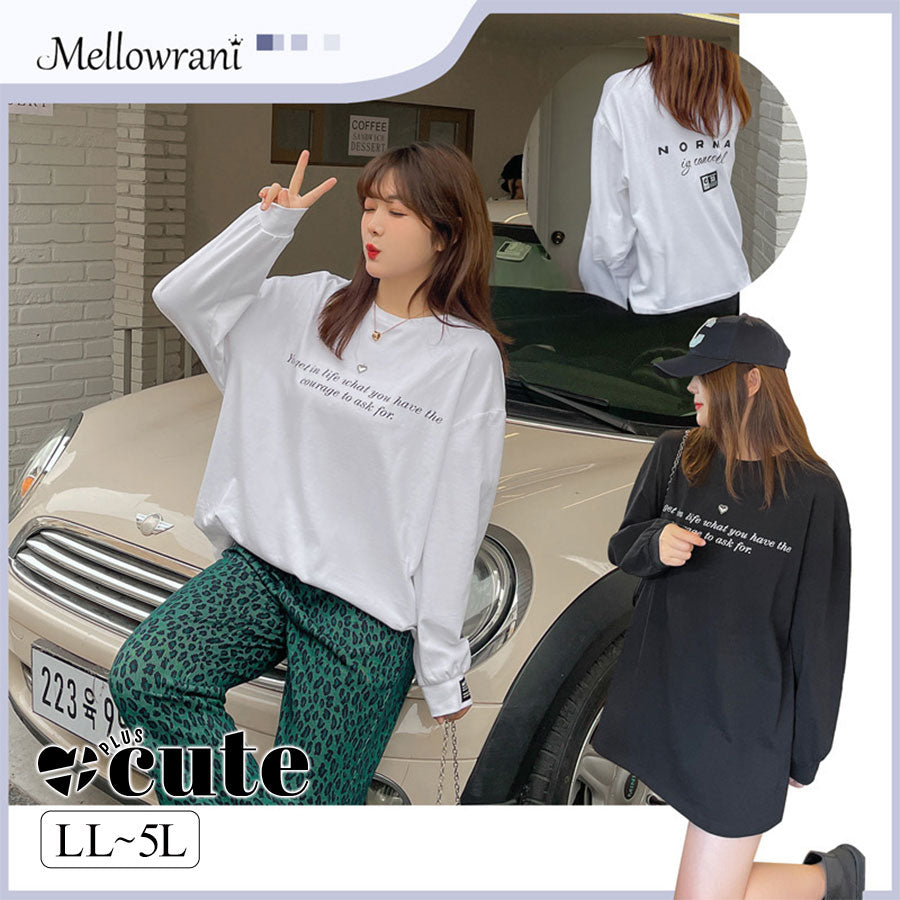 大きいサイズ レディース ハートチャームラウンドネックプリント長袖スウェットTシャツ LL 3L 4L 5L