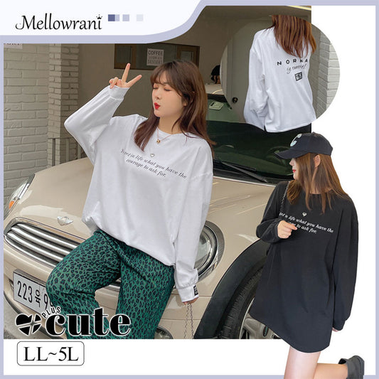 大きいサイズ レディース ハートチャームラウンドネックプリント長袖スウェットTシャツ LL 3L 4L 5L