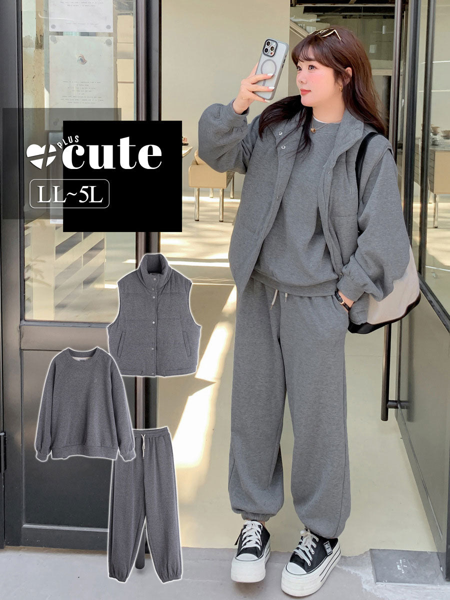 大きいサイズ レディース スリーピース（ベスト・シャツ・パンツ）ベルベットカジュアルスウェット LL 3L 4L 5L