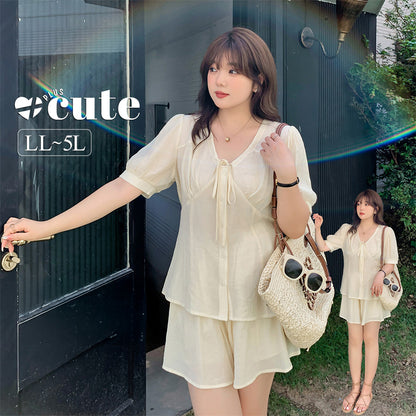 大きいサイズ レディース リボンフレンチセットアップ（トップス+ショートスカートパンツ） LL 3L 4L 5L