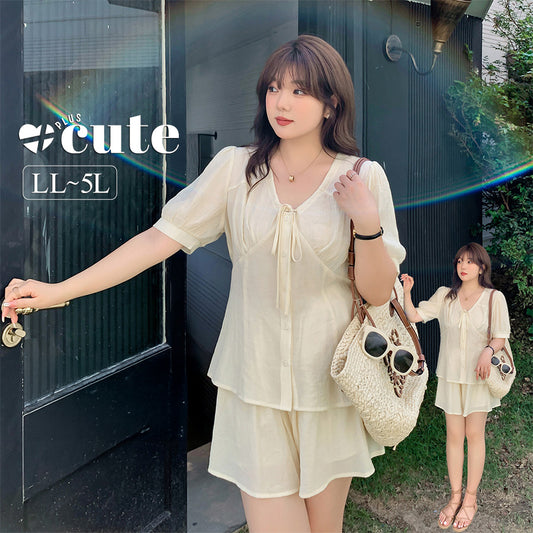大きいサイズ レディース リボンフレンチセットアップ（トップス+ショートスカートパンツ） LL 3L 4L 5L
