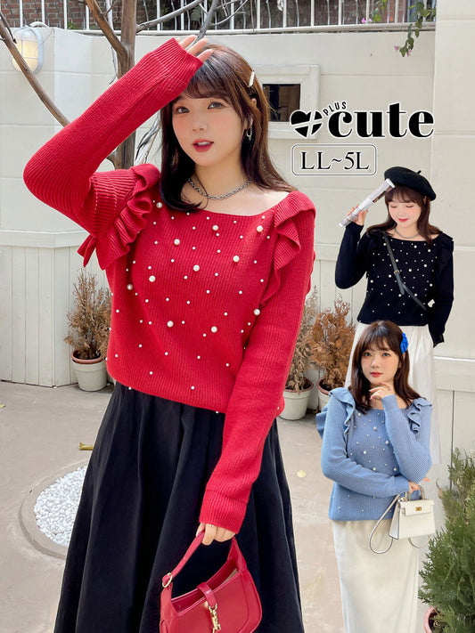 大きいサイズ レディース ビーズフリルオフショルダーニットセーター LL 3L 4L 5L