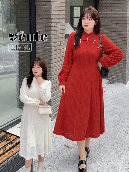 大きいサイズ レディース チャイナ風レトロ花柄ビーズボタンレースワンピース LL 3L 4L 5L