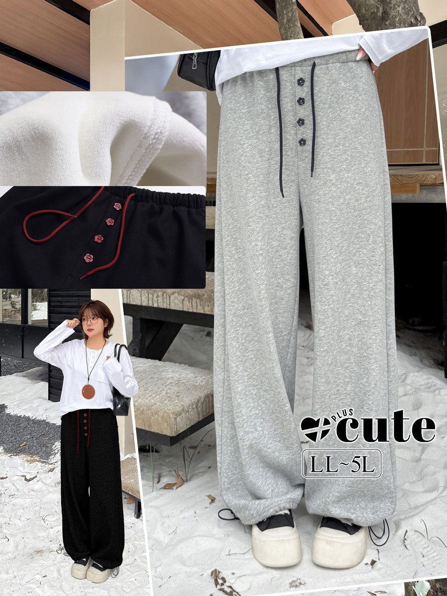 大きいサイズ レディース フラワーボタン付きフリース裏地スウェットパンツ LL 3L 4L 5L