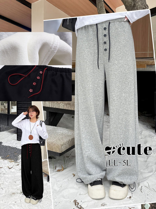 大きいサイズ レディース フラワーボタン付きフリース裏地スウェットパンツ LL 3L 4L 5L