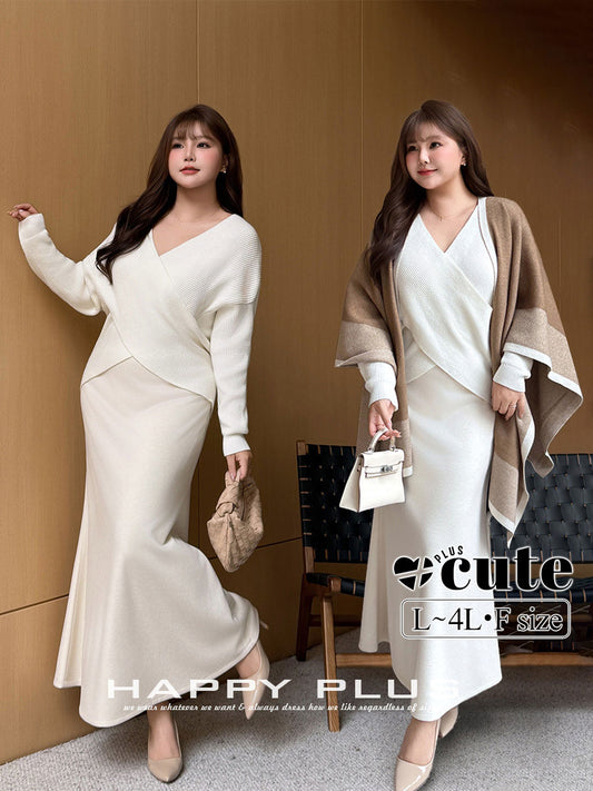 大きいサイズ レディース クロスオーバーVネックエレガントスリーピース（セーター+スカート+ショール） L LL 3L 4L F フリーサイズ