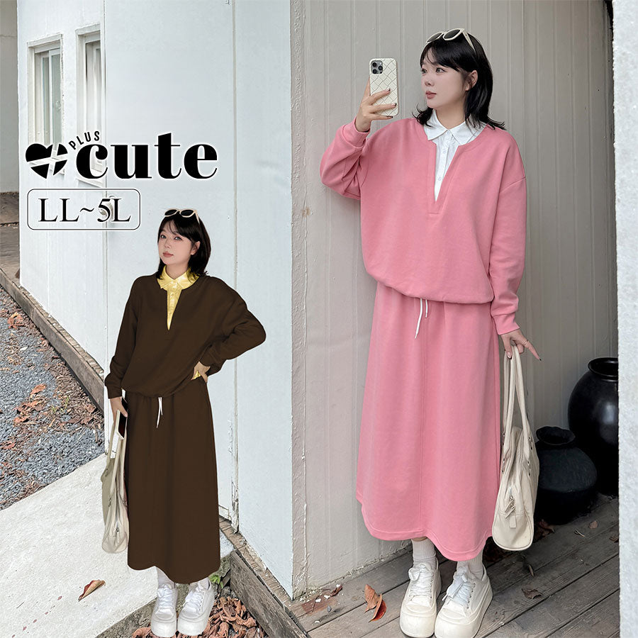 大きいサイズ レディース カジュアルセットアップ（フェイクツーピースシャツ+スカート） LL 3L 4L 5L