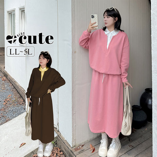 大きいサイズ レディース カジュアルセットアップ（フェイクツーピースシャツ+スカート） LL 3L 4L 5L