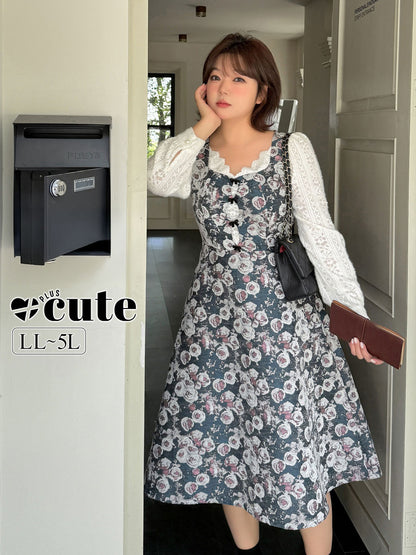 大きいサイズ レディース フレンチレースジャカードパッチワーク花柄ワンピース LL 3L 4L 5L