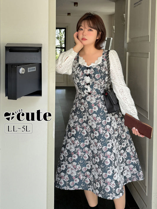 大きいサイズ レディース フレンチレースジャカードパッチワーク花柄ワンピース LL 3L 4L 5L