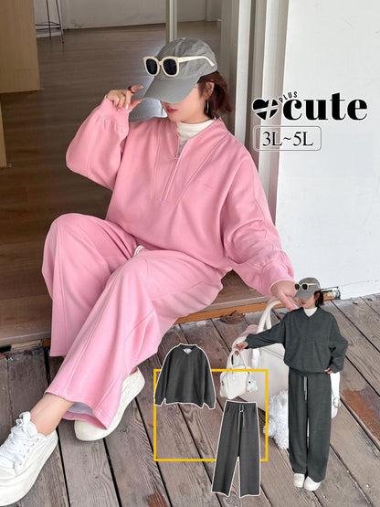 大きいサイズ レディース コットンニットカジュアルツーピーススウェットセットアップ 3L 4L 5L