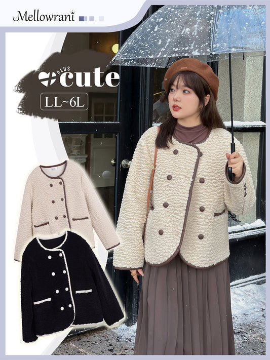 大きいサイズ レディース ラウンドネック配色パイピングダブルブレストジャケット LL 3L 4L 5L 6L