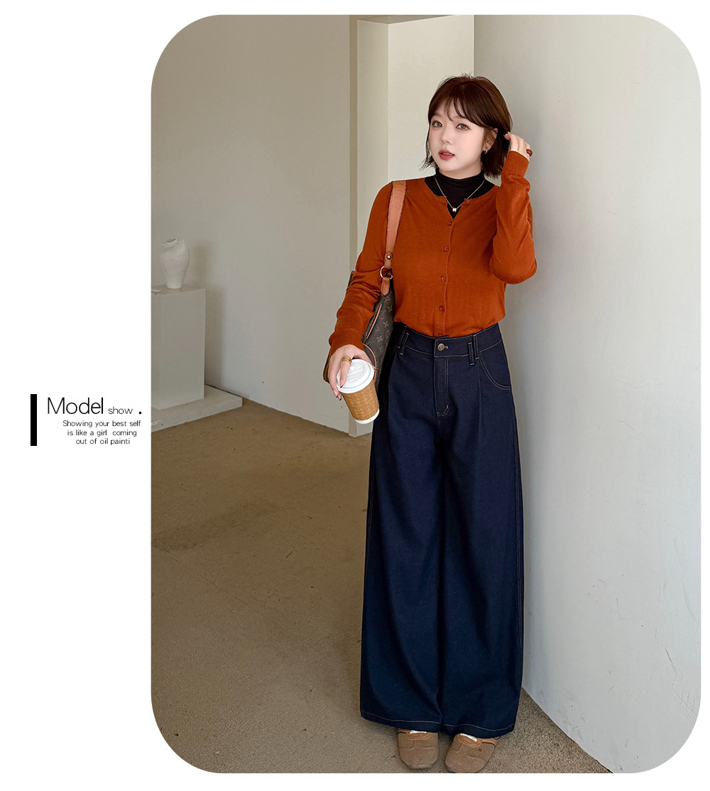 大きいサイズ レディース デニム風プリーツストレートワイドレッグパンツ LL 3L 4L 5L