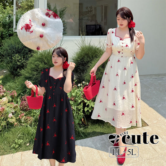 大きいサイズ レディース スクエアネック花刺繍フレンチワンピース LL 3L 4L 5L