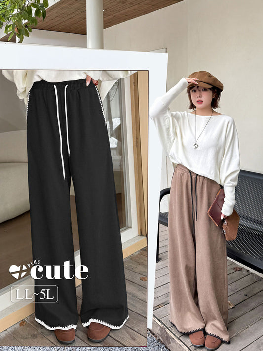 大きいサイズ レディース コントラストステッチウール風ワイドレッグパンツ LL 3L 4L 5L
