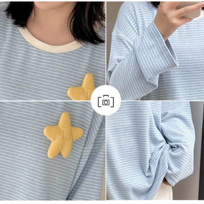 大きいサイズ レディース 星飾り付きラウンドネックニット長袖ストライプTシャツ LL 3L 4L 5L