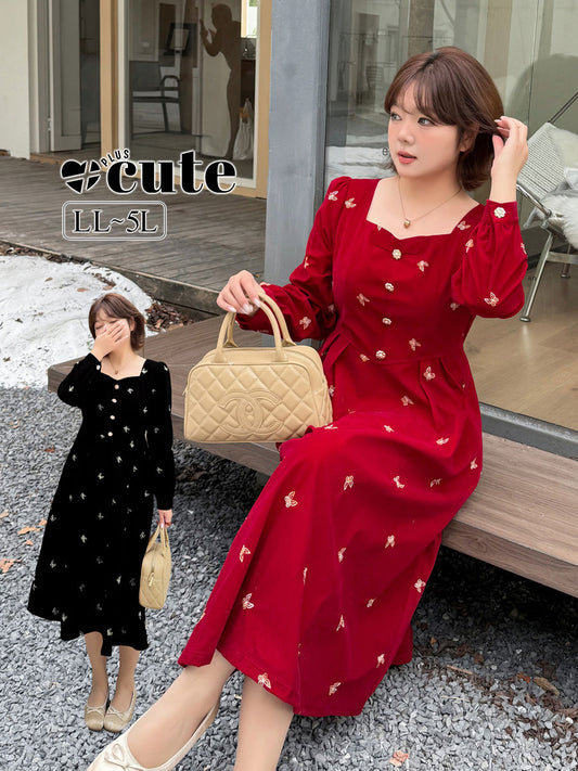 大きいサイズ レディース フレンチスクエアネックフラワーボタンバタフライ刺繍ワンピース LL 3L 4L 5L