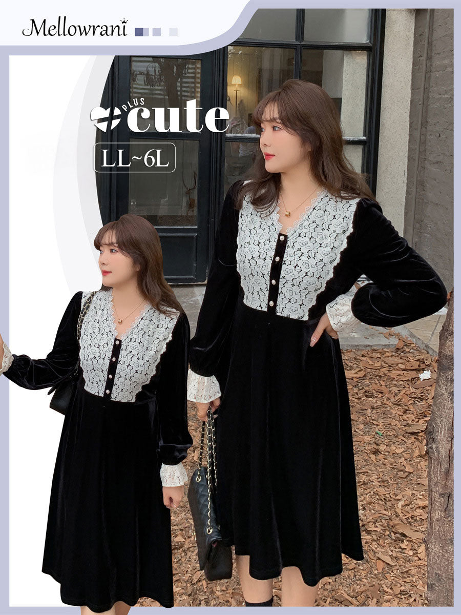 大きいサイズ レディース Vネックレースベルベットエレガントワンピース  LL 3L 4L 5L 6L