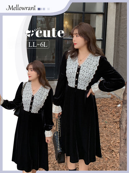 大きいサイズ レディース Vネックレースベルベットエレガントワンピース  LL 3L 4L 5L 6L