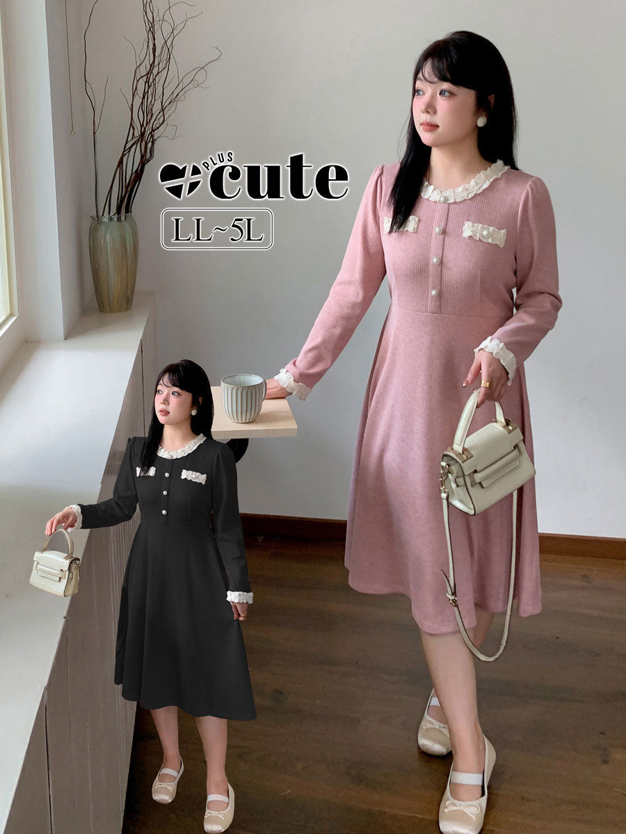 大きいサイズ レディース ラウンドネックレースニットワンピース LL 3L 4L 5L