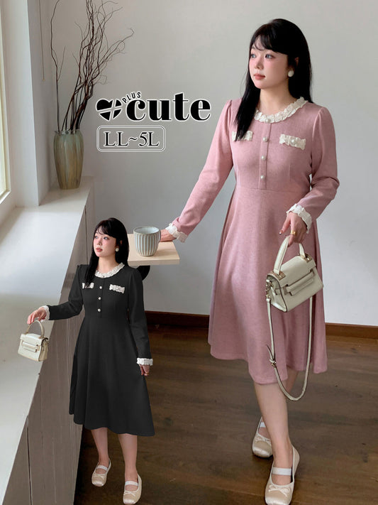 大きいサイズ レディース ラウンドネックレースニットワンピース LL 3L 4L 5L