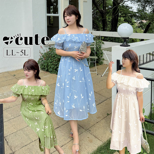 大きいサイズ レディース フリルオフショルダー刺繍ワンピース LL 3L 4L 5L