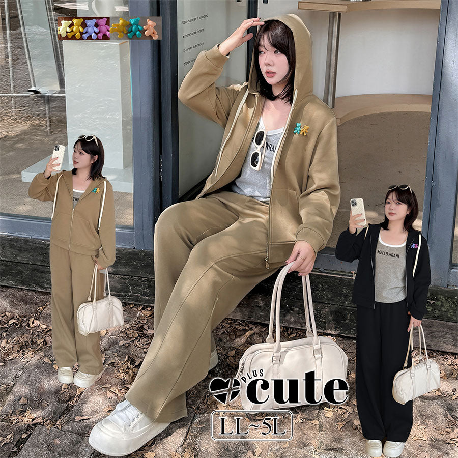 大きいサイズ レディース ミニベアー付きカジュアルスウェットセットアップ（パーカー+パンツ） LL 3L 4L 5L