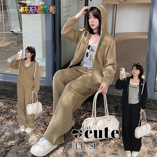 大きいサイズ レディース ミニベアー付きカジュアルスウェットセットアップ（パーカー+パンツ） LL 3L 4L 5L