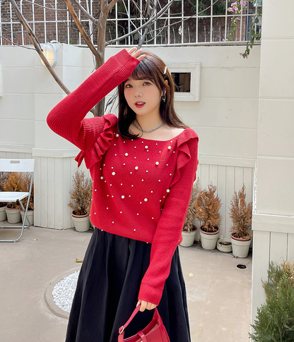 大きいサイズ レディース ビーズフリルオフショルダーニットセーター LL 3L 4L 5L