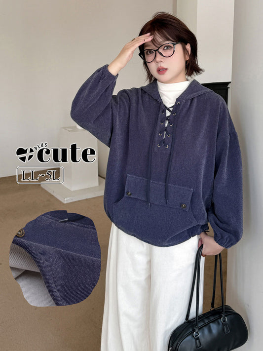 大きいサイズ レディース フード付きドローストリング厚手スウェットパーカー LL 3L 4L 5L