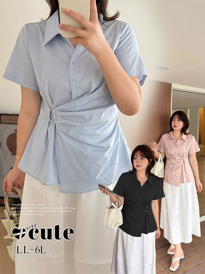 大きいサイズ レディース サイドリングバックル半袖カラーシャツ LL 3L 4L 5L 6L