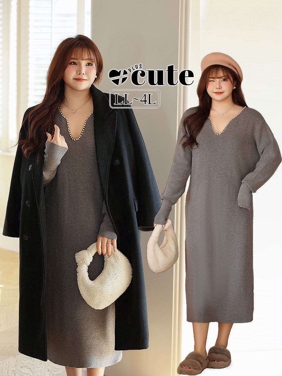 大きいサイズ レディース パールVネックスイートニットフレンチワンピース LL 3L 4L