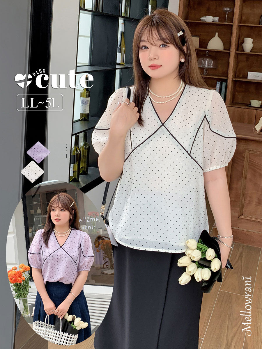 大きいサイズ レディース フレンチVネック水玉模様シースルートップス LL 3L 4L 5L