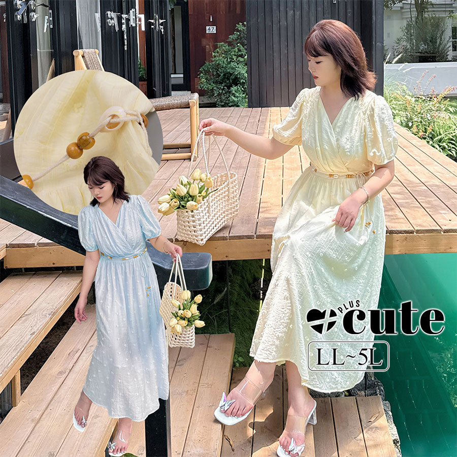 大きいサイズ レディース クロスVネックビーズベルトボヘミアンスタイルワンピース LL 3L 4L 5L