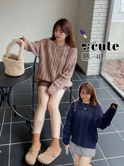 大きいサイズ レディース ラウンドネックケーブル編みカレッジスタイルセーター LL 3L 4L