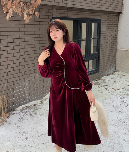 大きいサイズ レディース Vネックラインストーン装飾エレガントベルベットワンピース LL 3L 4L 5L