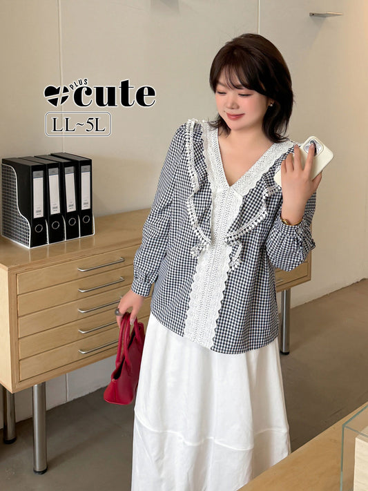 大きいサイズ レディース フレンチレトロギンガムチェックレースブラウス LL 3L 4L 5L