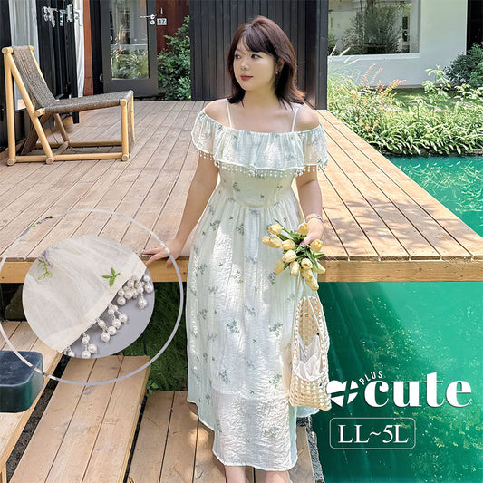大きいサイズ レディース ビーズ刺繍オフショルダーサスペンダーワンピース LL 3L 4L 5L