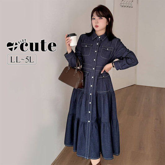 大きいサイズ レディース フリル厚手デニムシャツロングワンピース LL 3L 4L 5L