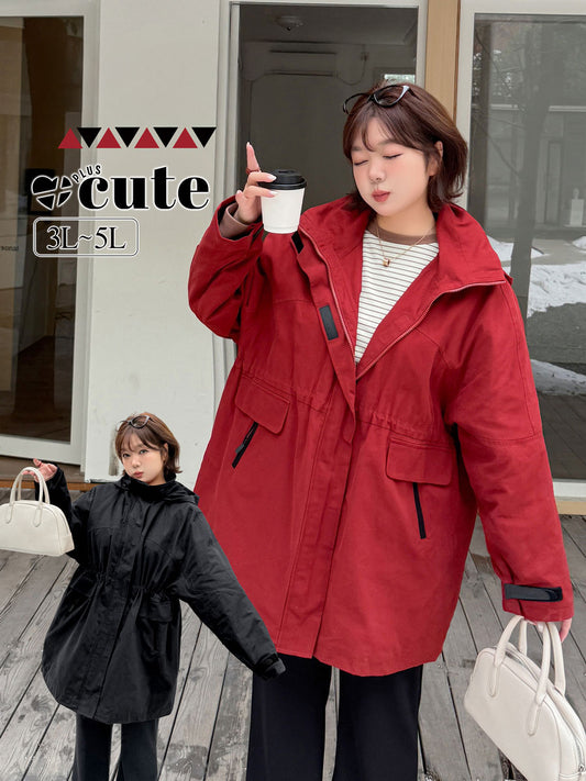 大きいサイズ レディース フード付きウエスト絞りキルティング中綿ジャケット 3L 4L 5L