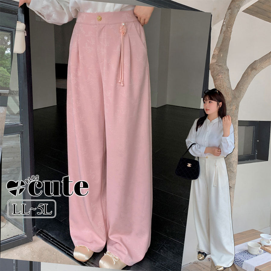 大きいサイズ レディース チャイナデザインジャカードストレートパンツ LL 3L 4L 5L