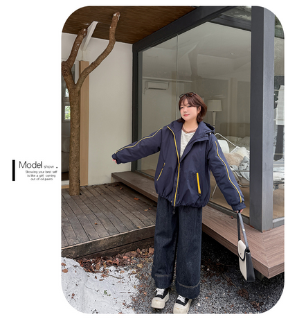大きいサイズ レディース フード付きバイカラーパイピングカジュアルジャケット 3L 4L 5L