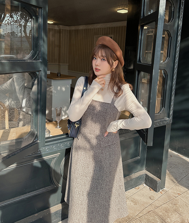 大きいサイズ レディース ハイネックインナーシャツ+サスペンダーワンピース2点セット LL 3L 4L 5L 6L