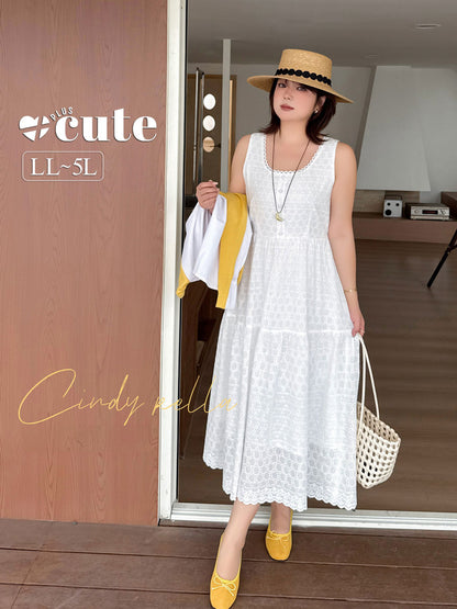 大きいサイズ レディース ホワイトノースリーブレースティアードワンピース LL 3L 4L 5L